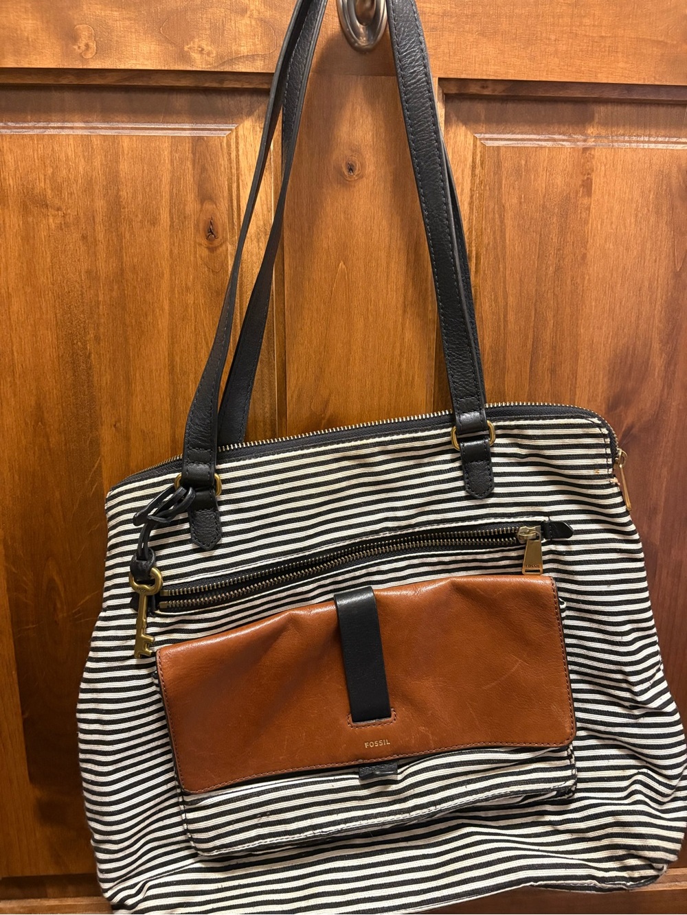Fossil Black & White Striped Shoulder Tote with Brown Leather Pocket